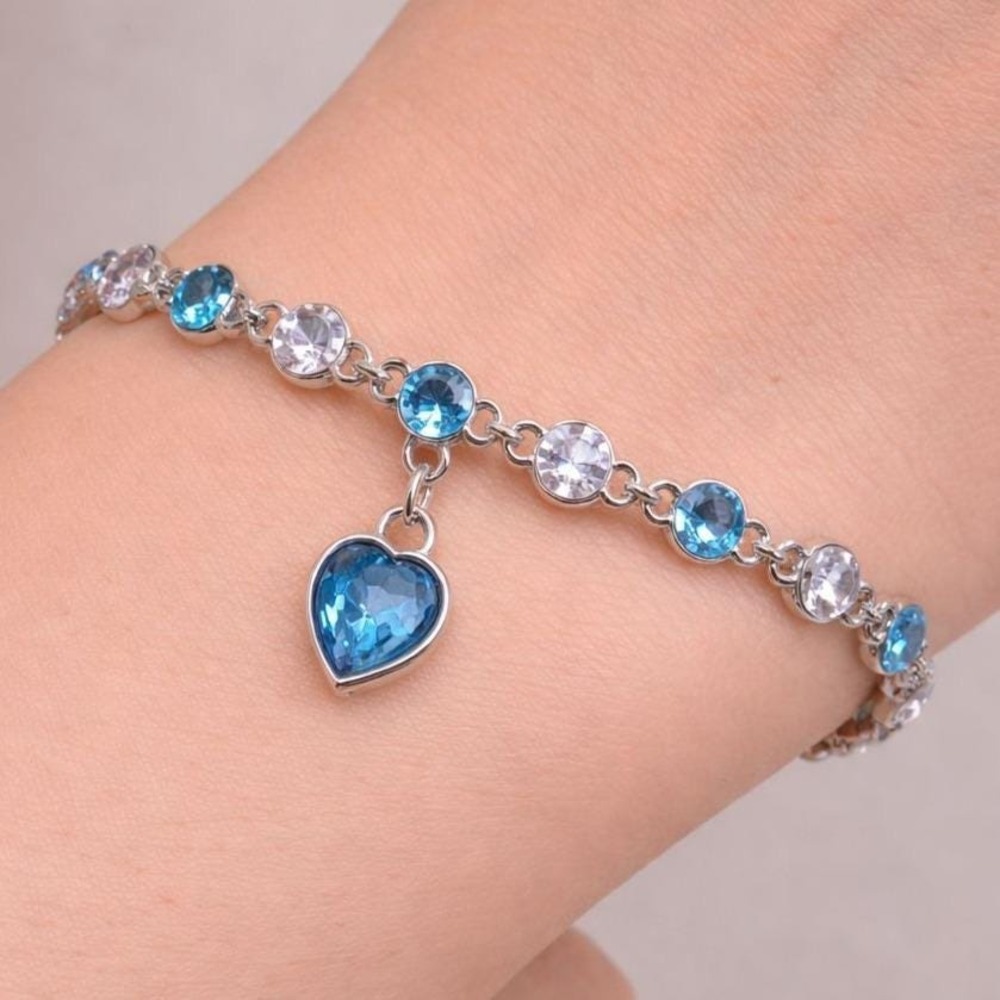 Bracelet Aquamarine Heart Charm Sterling Overlay Made with Swarovski Crystals‎